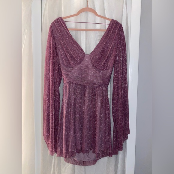 AEL Amy Enjoy Life Flowey Wing Sleeve Purple Sparkle Mini-Dress Sz: Small - Picture 2 of 10